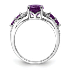 Sterling Silver Rhodium-plated Amethyst & Oval Diamond Ring