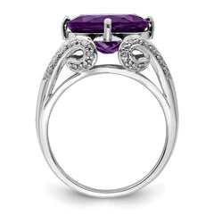 Sterling Silver Rhodium-plated Oval Amethyst & Diamond Ring