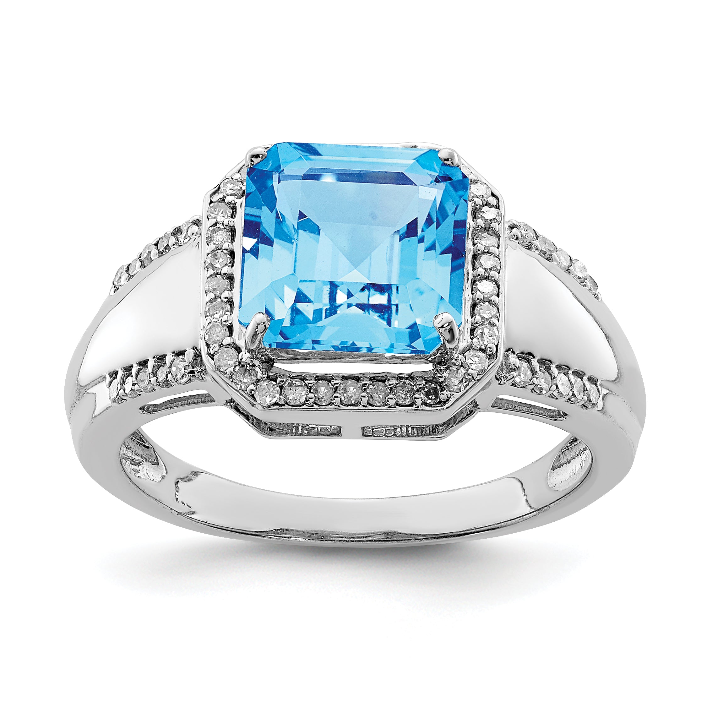 Sterling Silver Rhodium Square Blue Topaz & Diam. Ring