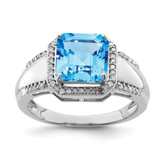 Sterling Silver Rhodium Square Blue Topaz & Diam. Ring