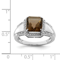 Sterling Silver Rhodium Square Diam. & Smoky Quartz Ring