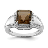 Sterling Silver Rhodium Square Diam. & Smoky Quartz Ring