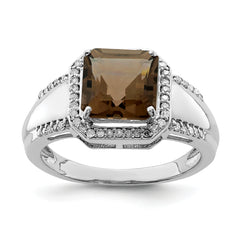 Sterling Silver Rhodium Square Diam. & Smoky Quartz Ring