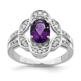 Sterling Silver Rhodium-plated Oval Amethyst & Diamond Ring