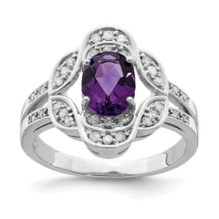 Sterling Silver Rhodium-plated Oval Amethyst & Diamond Ring