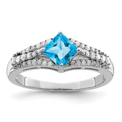 Sterling Silver Rhodium Blue Topaz & Diam. Ring