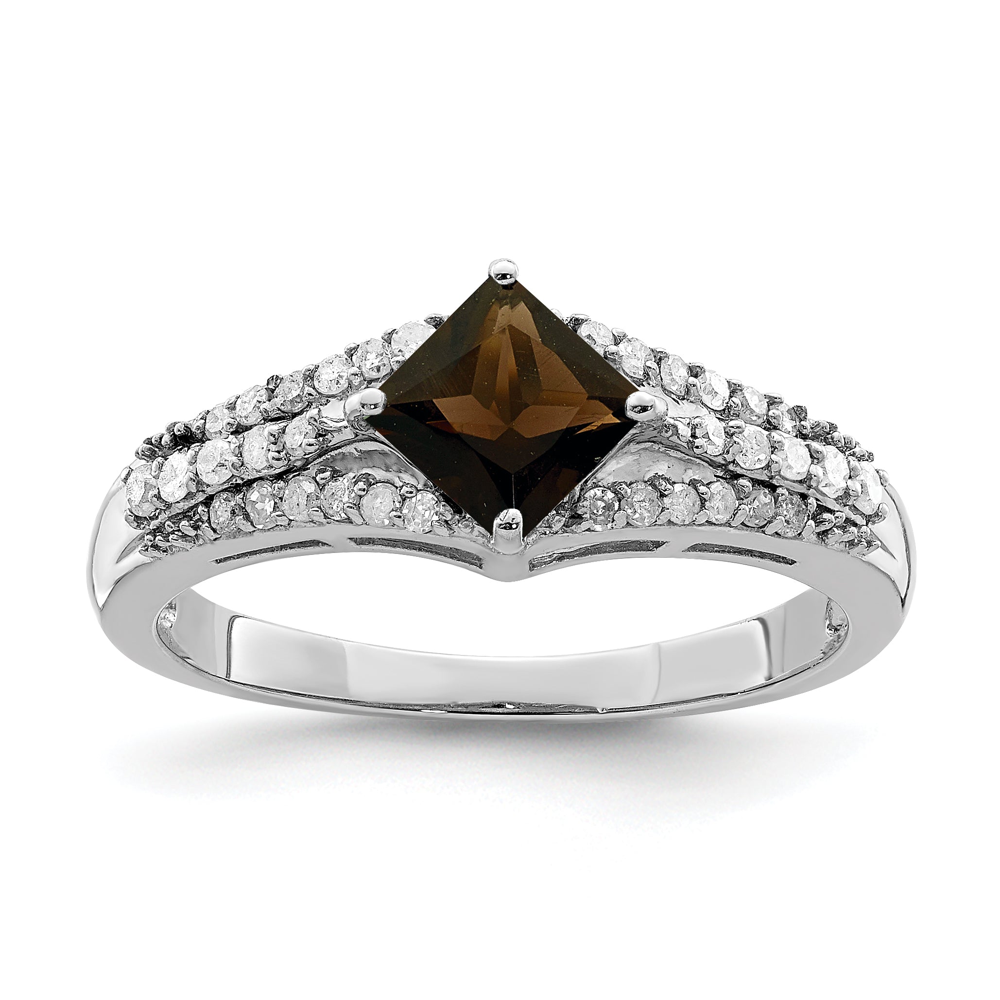 Sterling Silver Rhodium Smoky Quartz & Diam. Ring