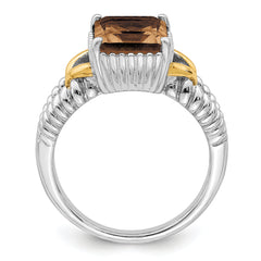 Sterling Silver Rhodium With Flash Gold-plate Smoky Quartz Ring