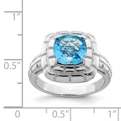 Sterling Silver Rhodium Checker-Cut Blue Topaz Ring
