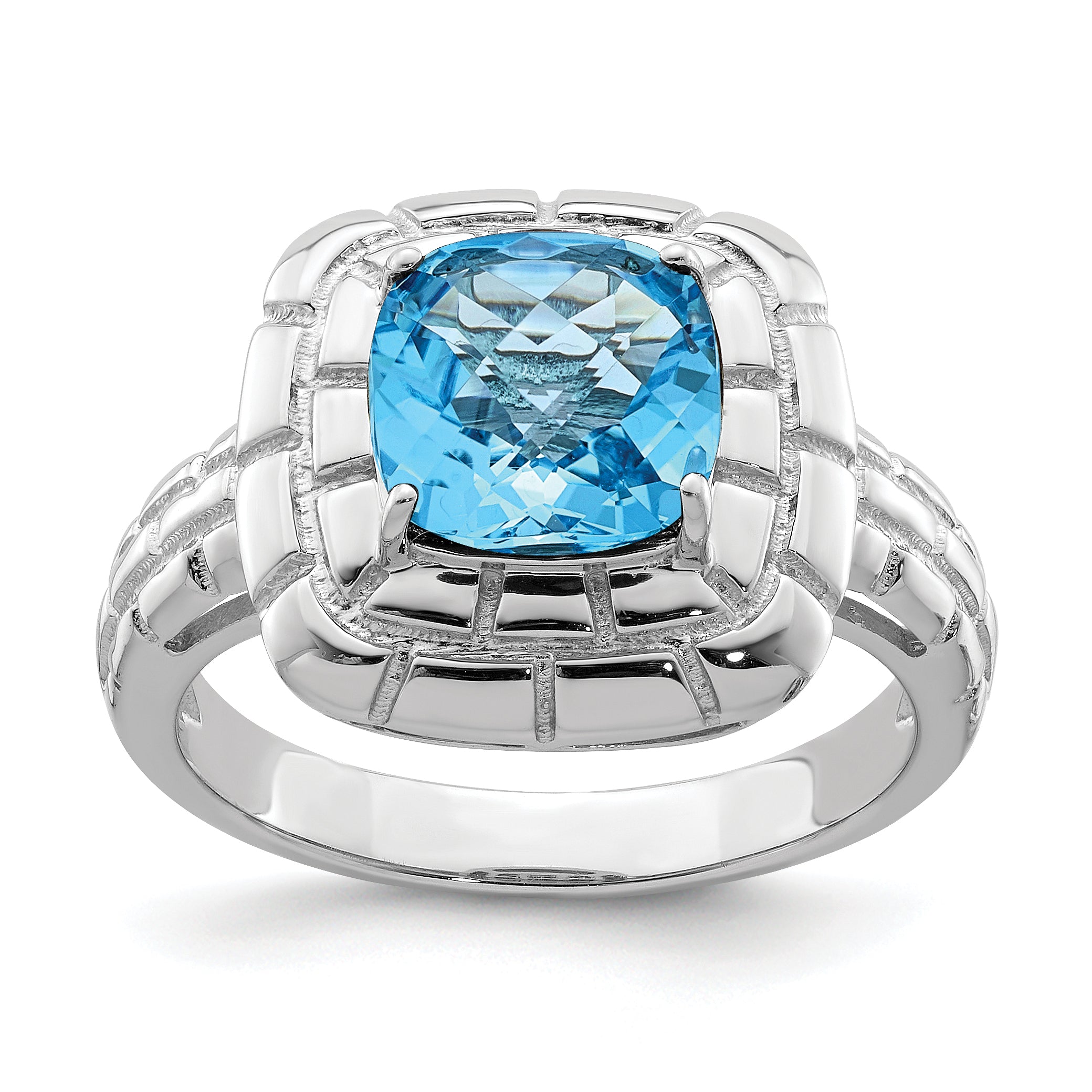 Sterling Silver Rhodium Checker-Cut Blue Topaz Ring