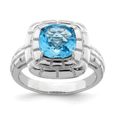 Sterling Silver Rhodium Checker-Cut Blue Topaz Ring