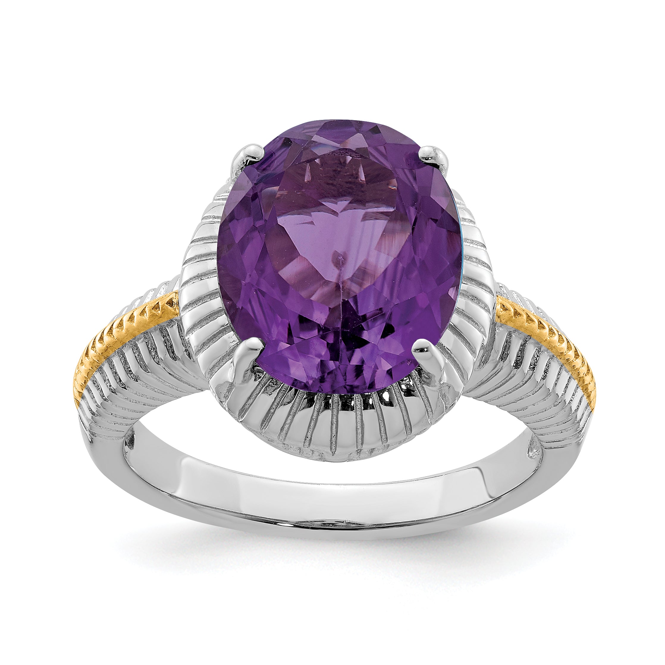 Sterling Silver Rhodium-plated With  Flash Gold-plate Oval Amethyst Ring