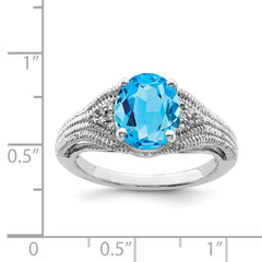 Sterling Silver Rhodium Oval Blue Topaz & Diam. Ring