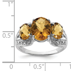 Sterling Silver Rhodium Checker-Cut Whiskey Quartz & Diam. Ring