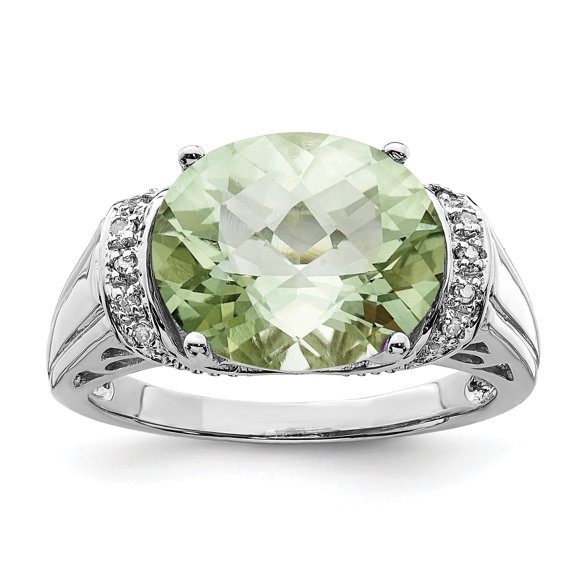 Sterling Silver Rhodium Checker-Cut Green Quartz & Diam. Ring