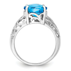 Sterling Silver Rhodium Checker-Cut Blue Topaz & Diam. Ring
