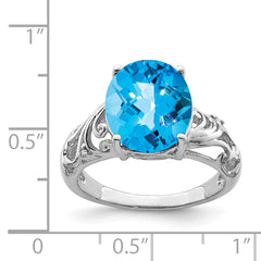 Sterling Silver Rhodium Checker-Cut Blue Topaz & Diam. Ring