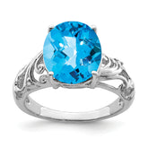 Sterling Silver Rhodium Checker-Cut Blue Topaz & Diam. Ring