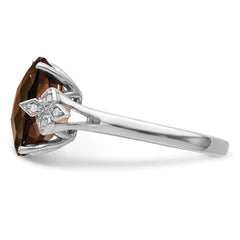 Sterling Silver Rhodium Checker-Cut Smoky Quartz & Diam. Ring