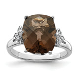 Sterling Silver Rhodium Checker-Cut Smoky Quartz & Diam. Ring