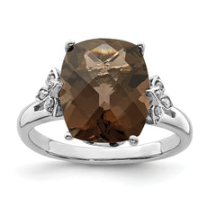 Sterling Silver Rhodium Checker-Cut Smoky Quartz & Diam. Ring