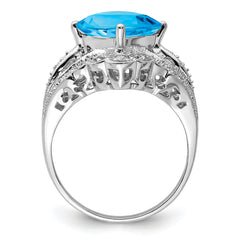 Sterling Silver Rhodium Checker-Cut Blue Topaz & Diam. Ring