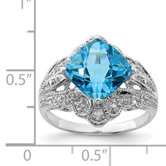 Sterling Silver Rhodium Checker-Cut Blue Topaz & Diam. Ring