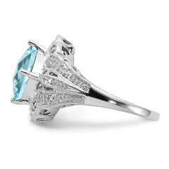 Sterling Silver Rhodium Checker-Cut Sky Blue Topaz & Diam. Ring