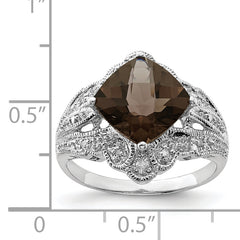 Sterling Silver Rhodium Checker-Cut Smoky Quartz & Diam. Ring