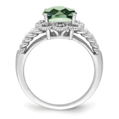 Sterling Silver Rhodium Checker-Cut Green Quartz & Diam. Ring