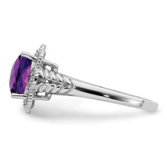 Sterling Silver Rhodium-plated Checker-Cut Amethyst & Diamond Ring