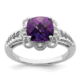 Sterling Silver Rhodium-plated Checker-Cut Amethyst & Diamond Ring