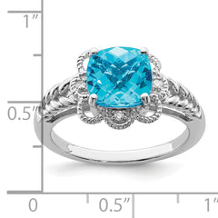Sterling Silver Rhodium Checker-Cut Blue Topaz & Diam. Ring