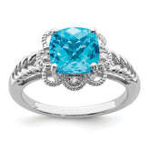 Sterling Silver Rhodium Checker-Cut Blue Topaz & Diam. Ring