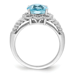 Sterling Silver Rhodium Checker-Cut Sky Blue Topaz & Diam. Ring