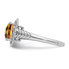 Sterling Silver Rhodium Checker-Cut Whiskey Quartz & Diam. Ring