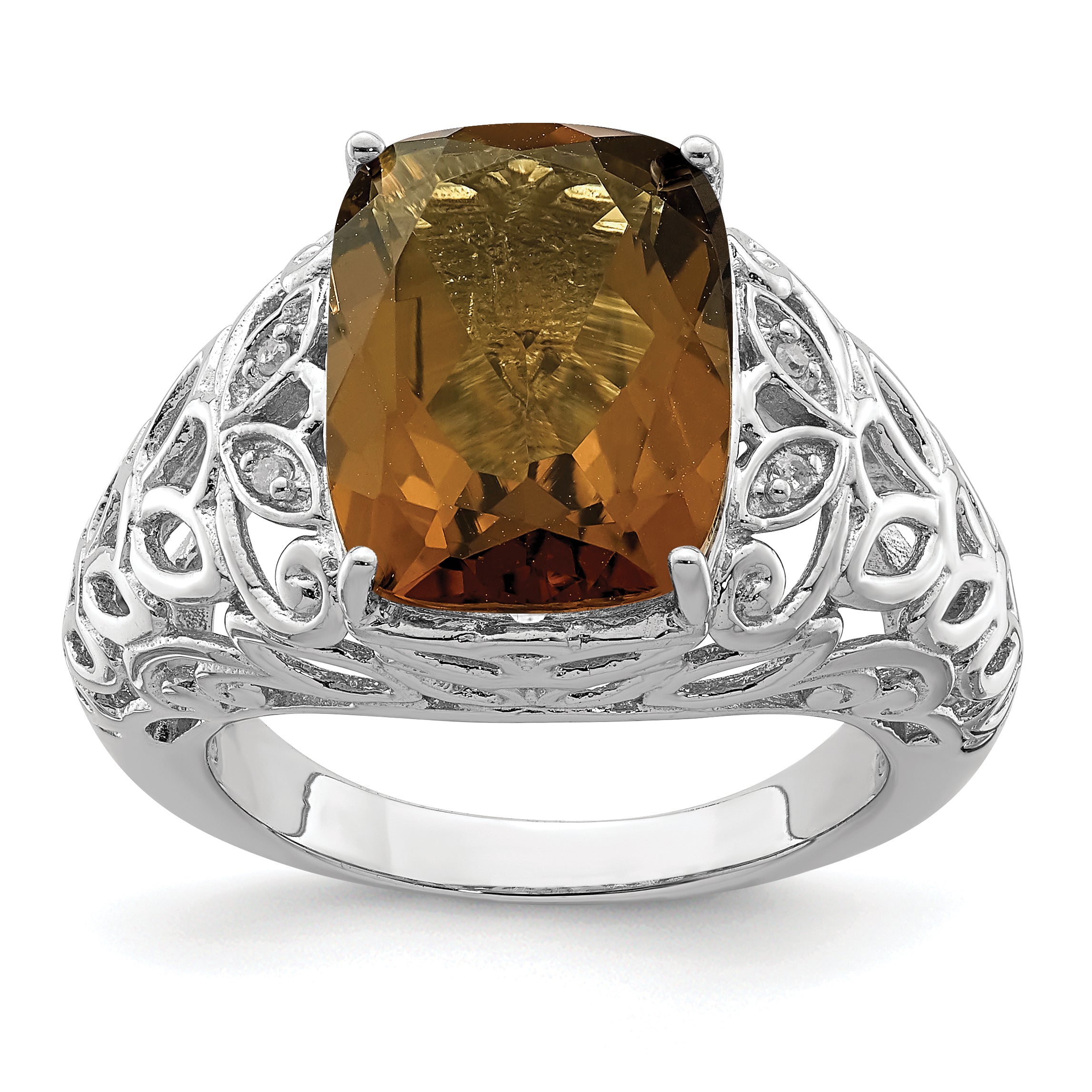 Sterling Silver Rhodium Whiskey Quartz & Diam. Ring