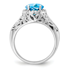 Sterling Silver Rhodium Oval Swiss Blue Topaz & Diam. Ring