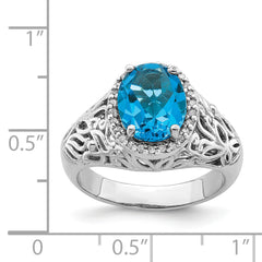 Sterling Silver Rhodium Oval Swiss Blue Topaz & Diam. Ring