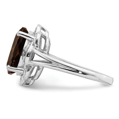 Sterling Silver Rhodium Oval Smoky Quartz & Diam. Ring