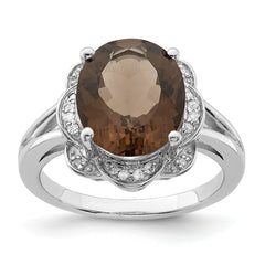 Sterling Silver Rhodium Oval Smoky Quartz & Diam. Ring