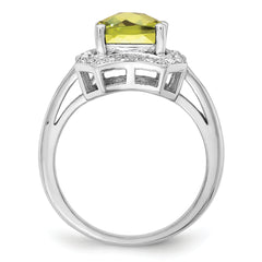 Sterling Silver Rhodium Checker-Cut Lemon Quartz & Diam. Ring