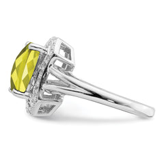 Sterling Silver Rhodium Checker-Cut Lemon Quartz & Diam. Ring