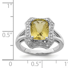 Sterling Silver Rhodium Checker-Cut Lemon Quartz & Diam. Ring