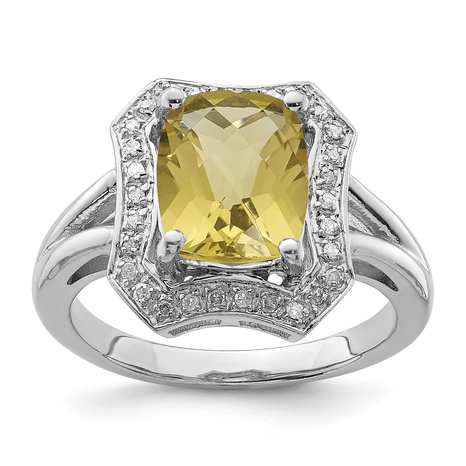 Sterling Silver Rhodium Checker-Cut Lemon Quartz & Diam. Ring