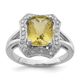 Sterling Silver Rhodium Checker-Cut Lemon Quartz & Diam. Ring