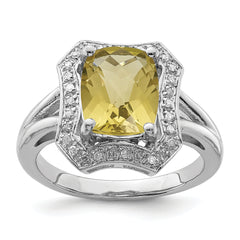 Sterling Silver Rhodium Checker-Cut Lemon Quartz & Diam. Ring