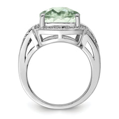 Sterling Silver Rhodium Checker-Cut Green Quartz & Diam. Ring