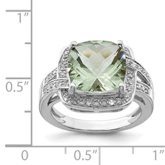 Sterling Silver Rhodium Checker-Cut Green Quartz & Diam. Ring