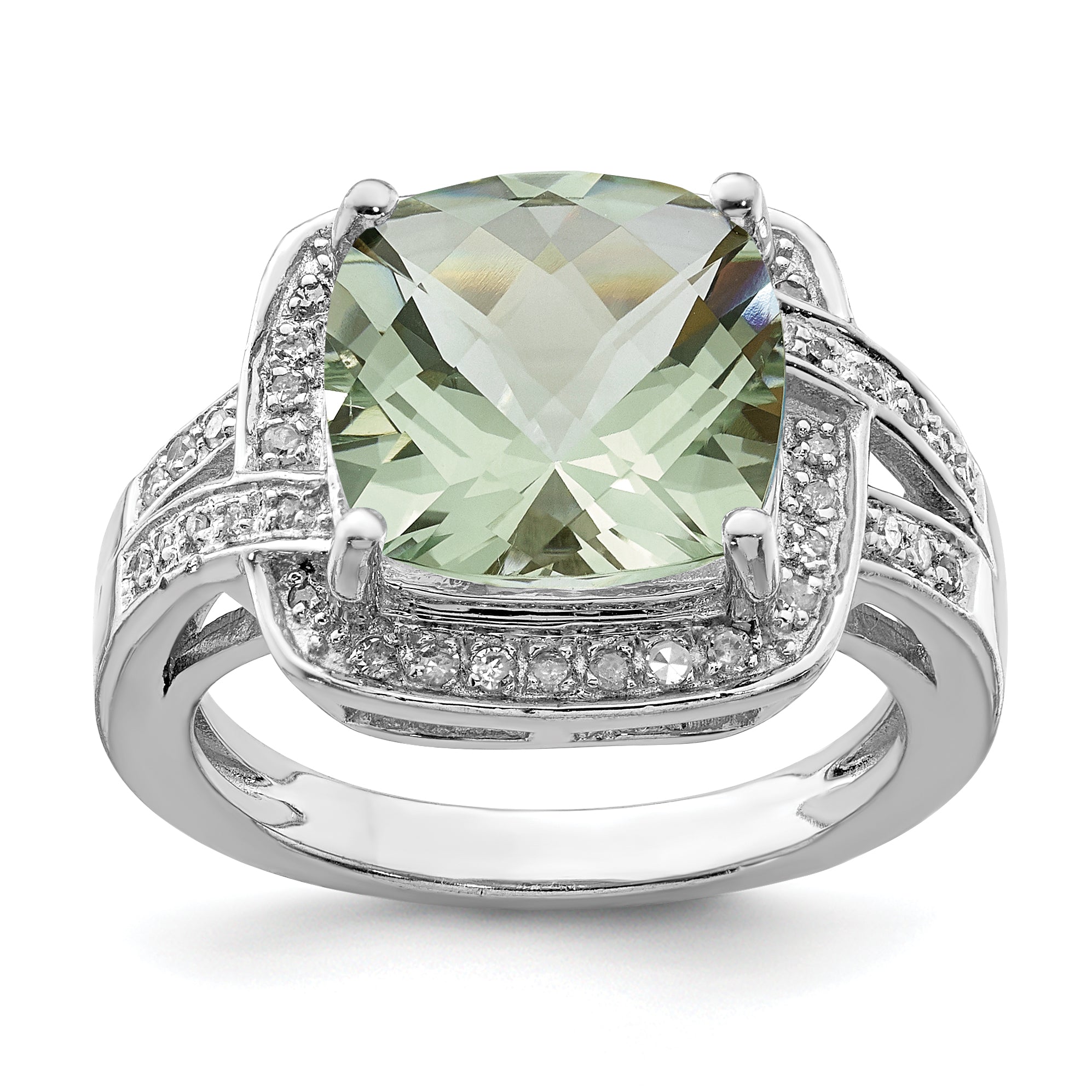 Sterling Silver Rhodium Checker-Cut Green Quartz & Diam. Ring